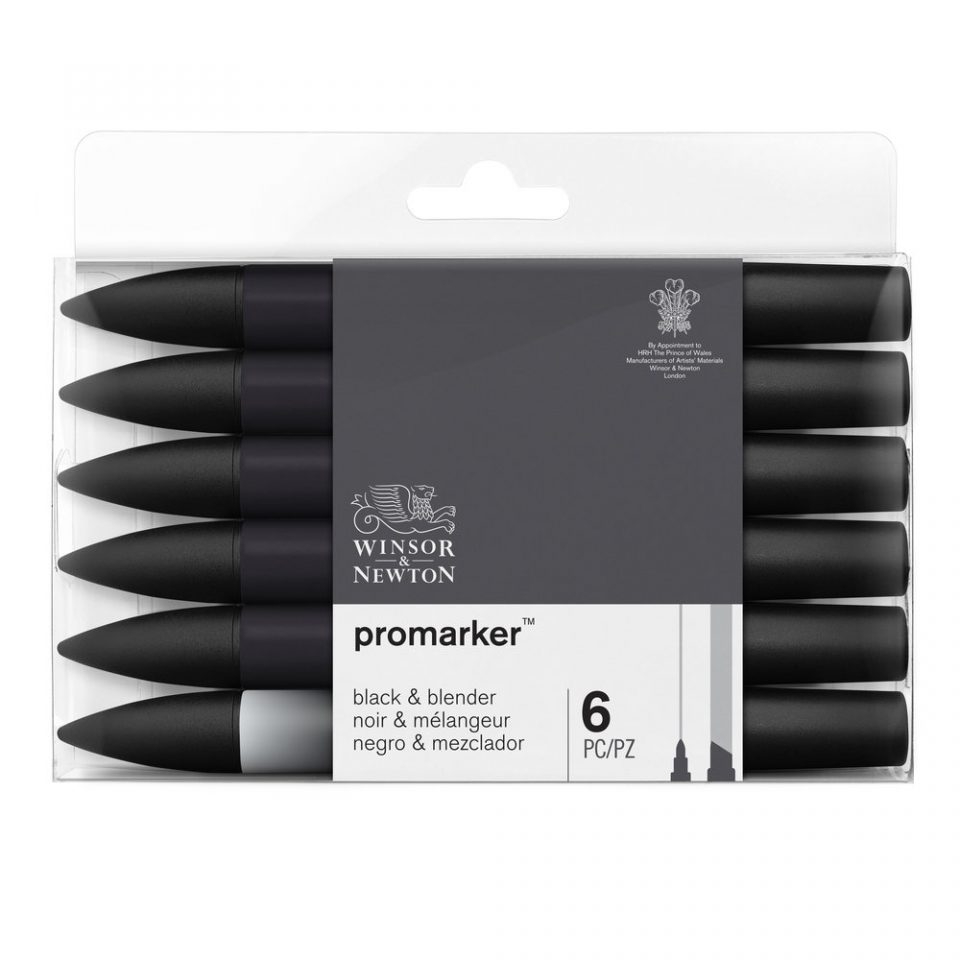 PROMARKER WINSOR & NEWTON KIT - 5 PENNARELLI NERI + 1 PENNARELLO BLENDER -  ArcoUfficio