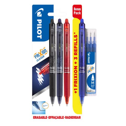 Multipack Pilot Frixion 3 penne a sfera (nero/rosso/blu) + 1 Frixion  Clicker blu 0,7 mm + 3 refill Frixion blu - 006807 - ArcoUfficio